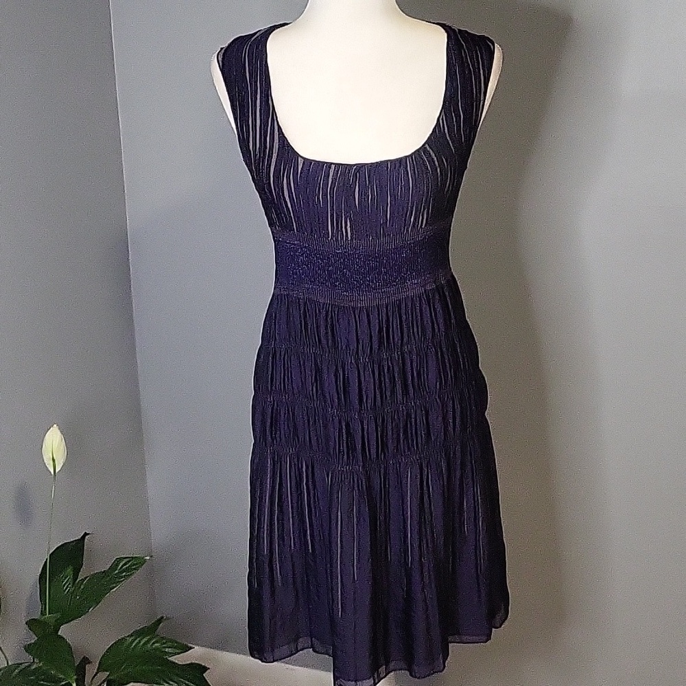 Max Studio Pullover Stretchy Smocked Waist Lined Tiered Purple Boho Dress Size S
